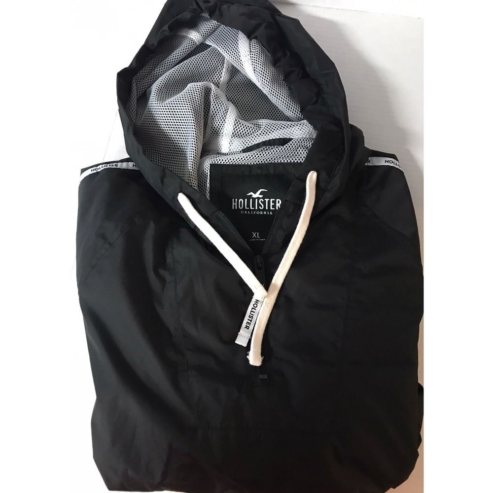Hollister Windbreaker Anorak Women XL Black Logo Tape Half Zip Hooded